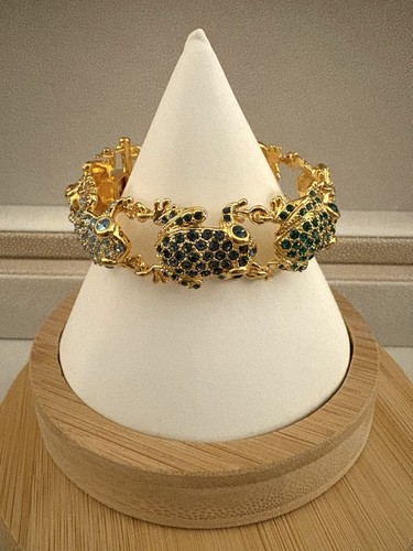 Multi-Color Rhinestone Gold Tone Frog Link Bracelet W/ Safety Clasp - Picture 2 of 6