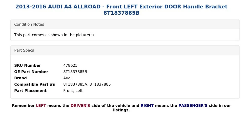 AUDI A4 ALLROAD 2013-2016 - Soporte de manija de puerta exterior delantero izquierdo 8T1837885B Foto 4 de 4