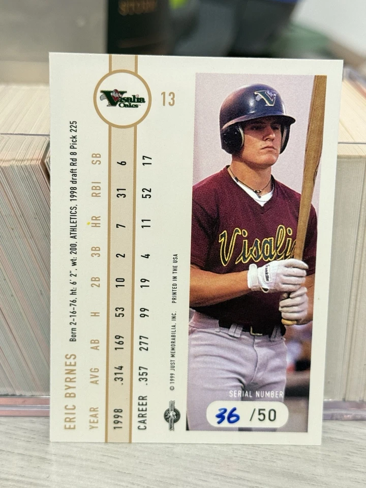 RARO! Just Minors Eric Byrnes Black Border #13 Visalia Oaks #36/50 1999 Foto 2 de 2