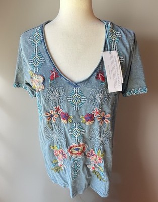 NWT Caite Sedna Tee Handmade Embroidered T Shirt Sz L  Washed Blue 