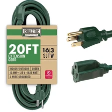 20 Foot Outdoor Extension Cord - 16/3 SJTW Green 16 Gauge Electrical Cable wi...