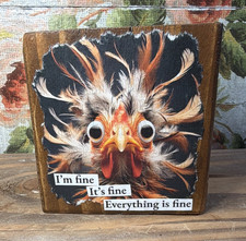 Wood Freestanding Rectangle Plaque Chicken Animal Print Brown Multicolor