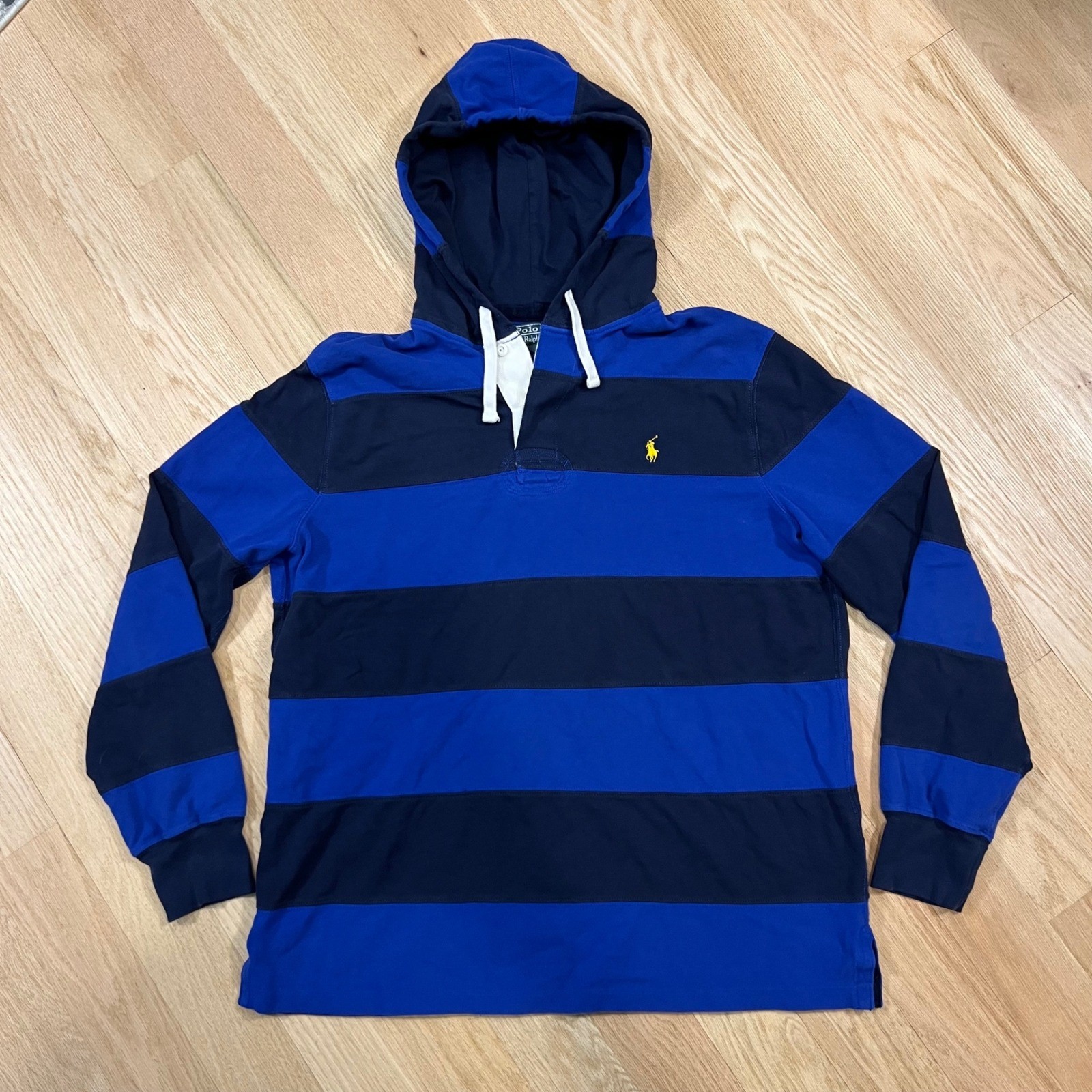 Polo Ralph Lauren Hoodie Rugby Shirt Men XL Blue Striped Long Sleeve Henley Pony
