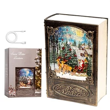 Eightown Book Snow Globe Lantern - Lighted Water Lantern with Santa Claus Scene 