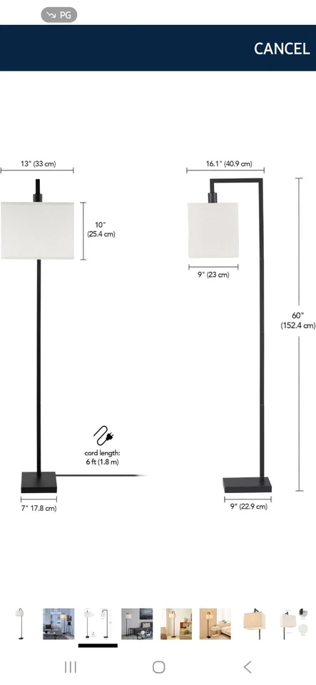 Lâmpada de assoalho elétrica 61000052 60", preto fosco, sombra quadrada de tecido branco, ligada/... - Imagem 3 de 4