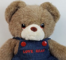 Russ Berrie VTG Love Bear Jean Denim Bib Overalls Caress Soft Plush Korea - GUC
