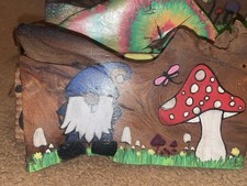 Hand painted Redwood Plaque Gnomes And Mushrooms Glow In The Dark