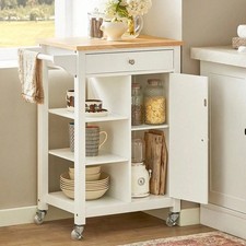 White Bamboo Kitchen Trolley With 3 Shelves Door Drawer Rolling Cart