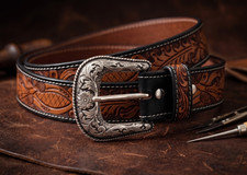Unisex Rodeo Western Leather Belt Size 28 Tooled Oak Leaf Acorn 2-Tone Chestnut