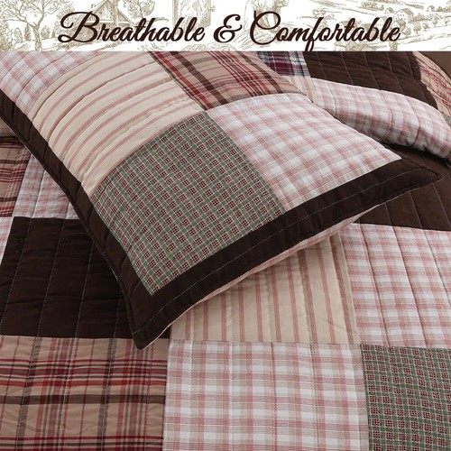 NEW! ~ COZY COUNTRY LODGE LOG CABIN RED BROWN BEIGE GREY TAN PLAID QUILT SET - Picture 3 of 6