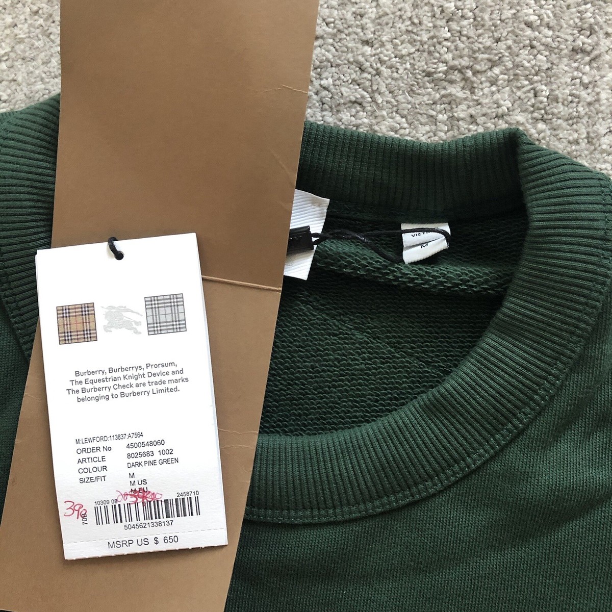 Burberry London Cotton Sweatshirt - Green, NWT, Medium, Shipped Fr