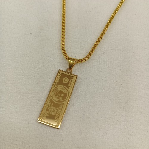 Men Chain link Pendant "100 dollars" Necklace 22" Brass Plated Gold - Picture 7 of 8