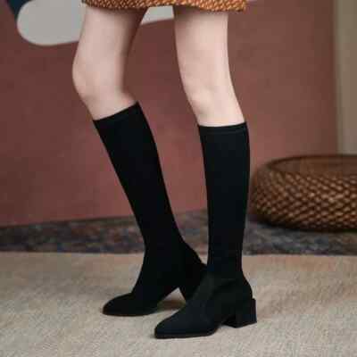 Damen Stiefel Knie bequemer Absatz 5 cm schwarz elegant Kunstleder 39786