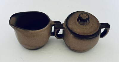 Frankoma Pottery Plainsman Brown Satin Lidded Sugar Bowl 5B and Creamer 5A