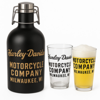 Harley-Davidson 50oz Stainless Growler Set + 2 Pint Glasses Beer Bar Gift