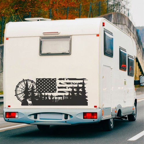 American Flag Camper RV Decal Camping Sticker USA Travel Logo Adventure Awaits - Picture 3 of 13