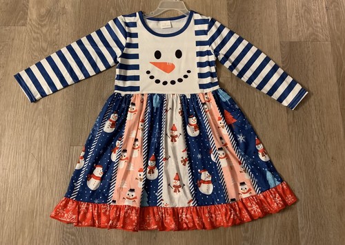 New Boutique Girls Size 5 Adorable Blue Printed Snowman Holiday/Christmas Dress