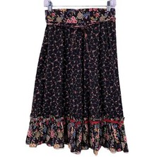 Vintage 70's Prairie Skirt Black/Multicolor Floral Ruffled CottageCore Size 13