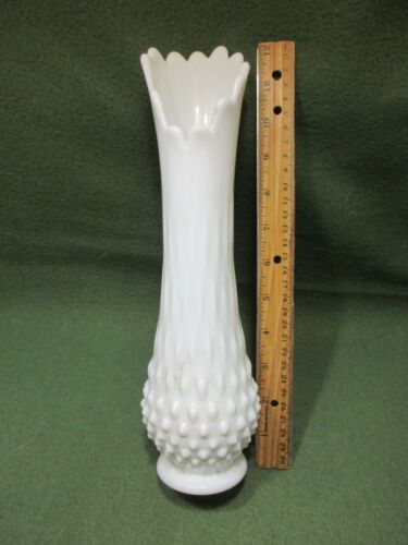 Fenton White Footed Hobnail Milk Glass Stretched, Swung 12-Finger Vase, 11.5" - Picture 2 of 10