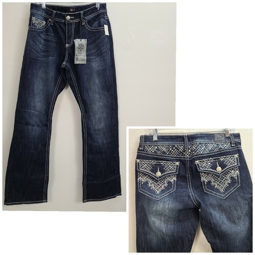 Blue Stretch Bootcut Sequin Embroidered 