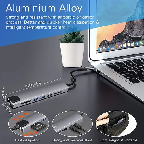 8in1 USB-C Dock to HDMI/Card Reader/100M RJ45 Macbook iPhone HUB Video/PD Charge - Picture 7 of 12