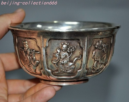 4.6"old China dynasty Tibetan silver Eight immortals pattern Bowl Cup Bowls - Picture 3 of 9