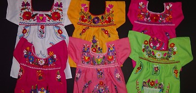 MEXICAN GIRLS DRESS PUEBLA PEASANT EMBROIDERED ASSORTED COLORS COCO 3-12M