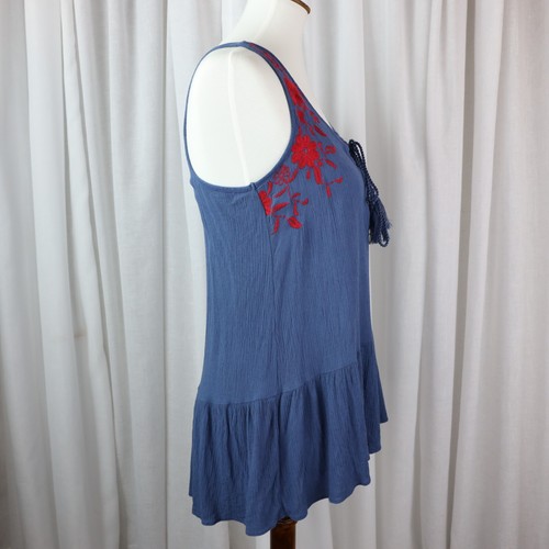 Womens Boho Tank Top Blouse S Floral Embroidered Crinkle Lace Up Tie Shirt Small - Picture 10 of 15