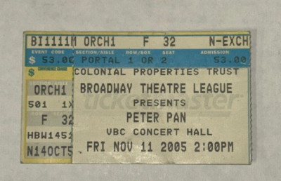 Peter Pan Ticket Stub Von Braun Center Concert Hall Broadway Theater 11/11/05