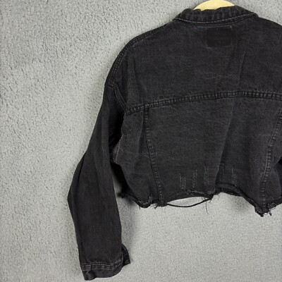L.A. Cafe Sexy Black Denim Jacket Women's L Cropped Distressed Y2K