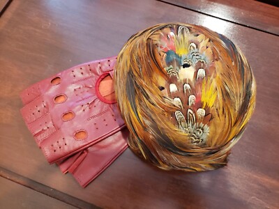 Women's Burgundy Leather ?  Open Finger Tip Gloves Pheasant feather hat