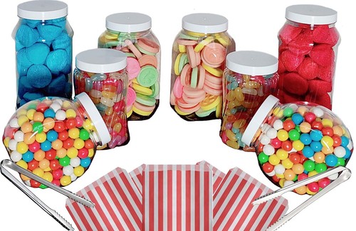 8 Assorted Plastic Sweet Jars 2 Tongs 50 Bags TWO STYLES OF LID Candy Buffet - Picture 22 of 36