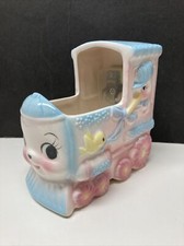 Vintage Giftwares Co Nancy Pew Musical Train Baby Planter W/Stork, Blue