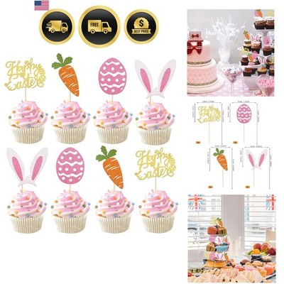 24 Pack Glitter Happy Easte Cupcake Toppers Carrot Rabbit Easter Egg Decor Cu...
