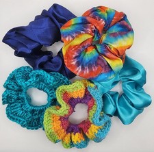 Handmade Scrunchie Set Lot of 5 Crochet Fabric Satin Hair Ties Multi Bold TyeDye