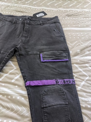 8 & 9 MFG Strapped Up Black Jeans w/Purple Straps - Mens Size 44 New With Tags - Picture 5 of 9
