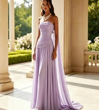 Elegant Lavender Chiffon Prom Dresses Strapless Draped Cape Beaded Evening Gowns