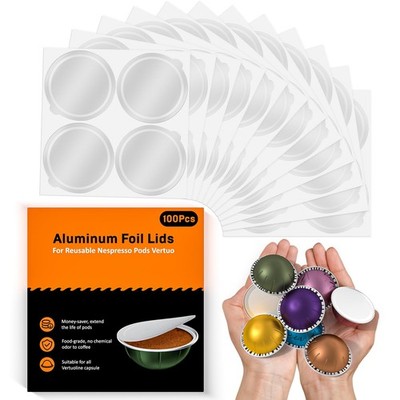 Aluminum Foil Lids for Reusable Nespresso Vertuo Pods, 100 PCS 100, Sliver