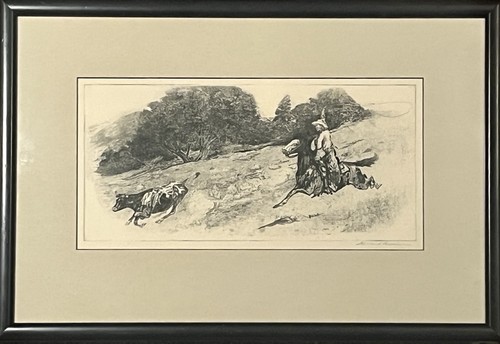 Antike Edward Borein Cowboy handsignierte Radierung "ON THE RUN" gerahmt