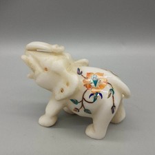 3" White Marble Elephant With Floral Inlay of Semi-Precious Stone Unique Gift