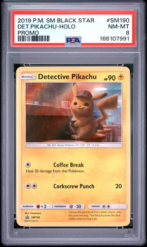 2019 POKEMON SM BLACK STAR PROMO #SM190 DETECTIVE PIKACHU-HOLO PSA 8