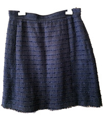 AUTH 07A CHANEL DARK BLUE TWEED FRINGE SKIRT CC BUTTON SIZE 46