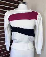 1970s 1980s 70s 80s Vintage Cream Fuchsia Pink  Black 3/4 Sleeve Sweater