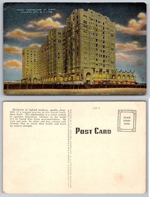 Atlantic City NJ Hotel Ambassador Night View Vintage Linen Postcard