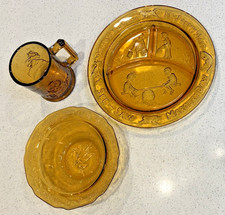 Tiara Indiana Glass Amber Child's Nursery Rhyme Plate Mug Bowl Set Mother Goose