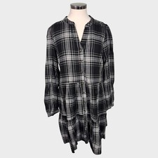 Time and Tru Large 12-14 Plaid Shirt Dress Tiered Black Soot Cotton Rayon