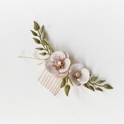 Braut Emaille Look Floral 2 Blumenkamm, Kristall und Perlen Detail, Metallblätter 