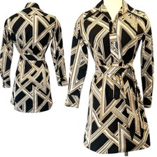 Vintage 60s 70s Lanvin Op Art Black Tan White Geometric Print Shirt Dress 10