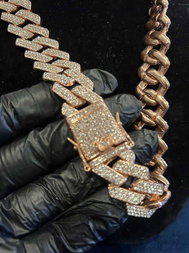 Gargantilla para hombre oro rosa Miami cadena de eslabones cubanos Ice Out circonita VVS real ICY 20 pulgadas Foto 3 de 4