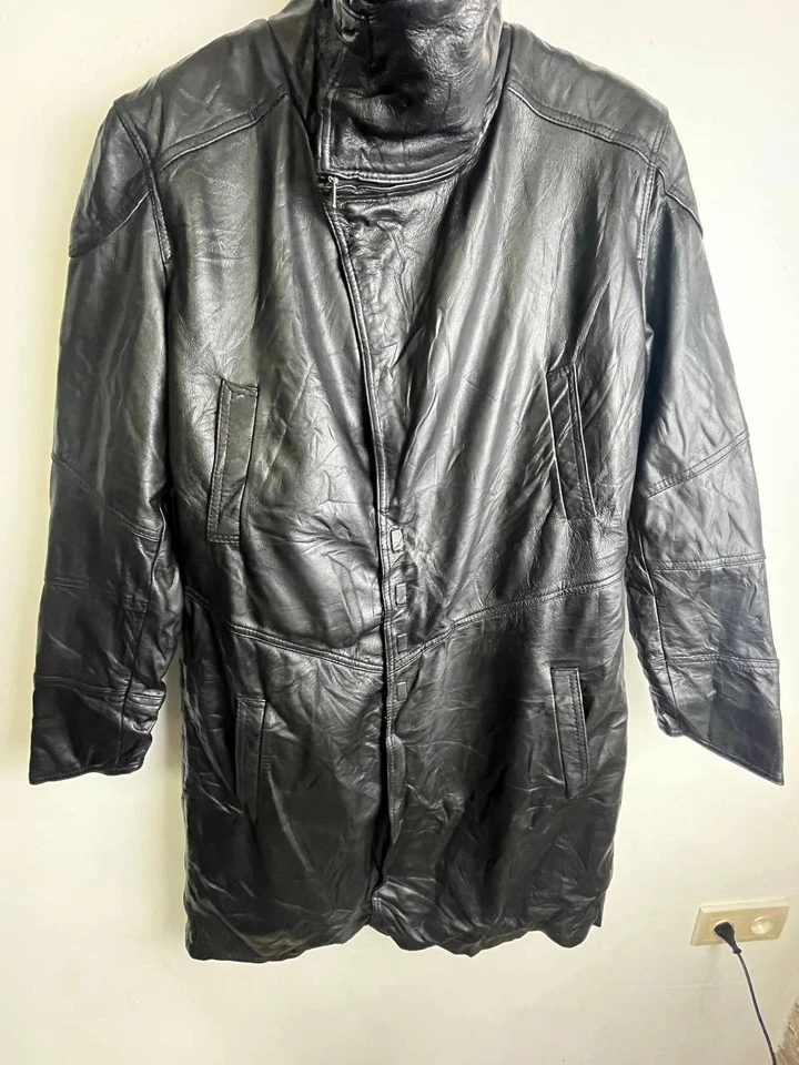 Vintage Leather Shearling Collar Coat Black Size L - Image 3 of 4